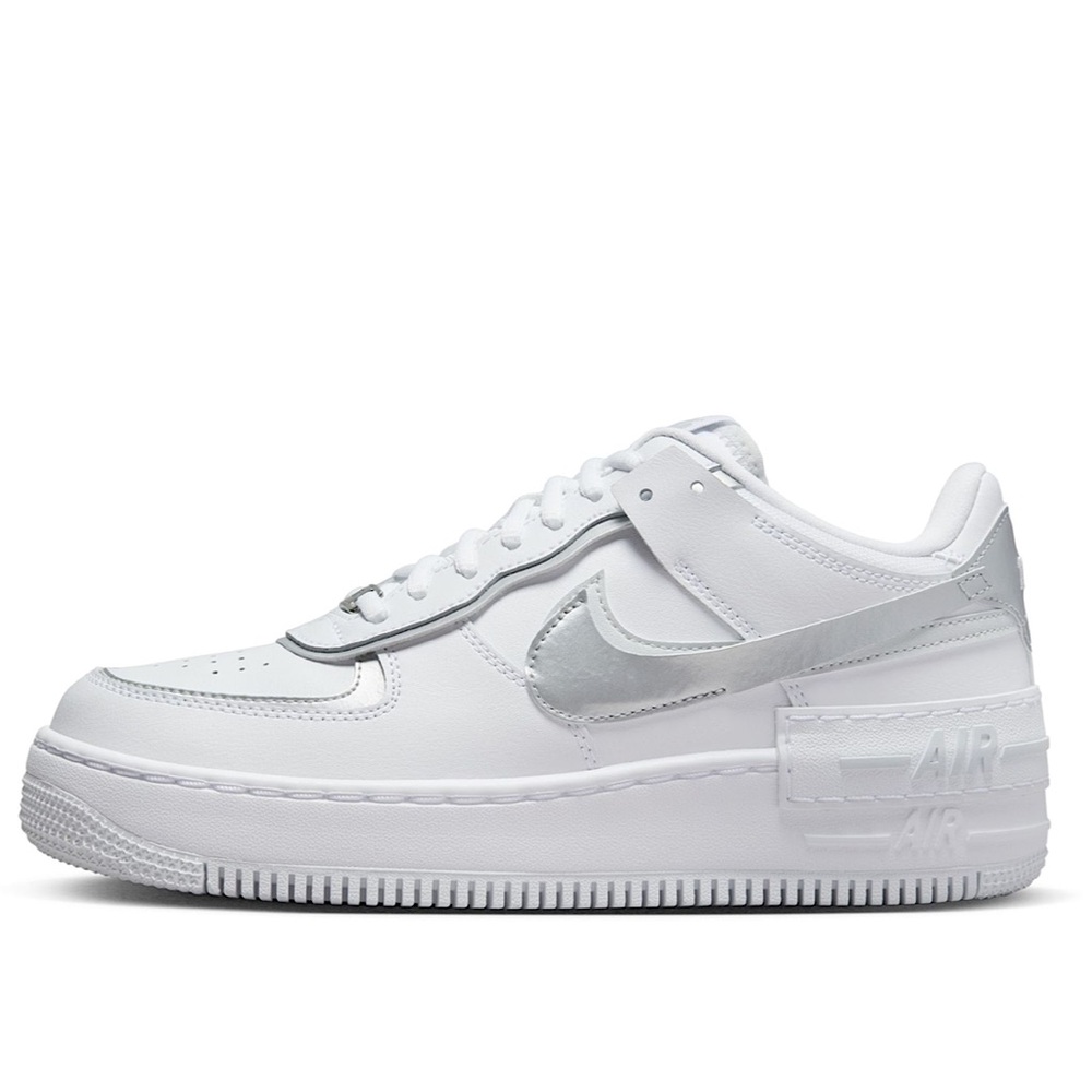 Nike Air Force 1 Shadow White Metallic Silver sneakers.